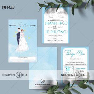 Thiệp cưới chibi tone màu xanh biển nhạt